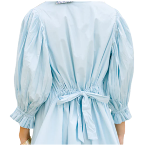 2024 <span class=keywords><strong>vestiti</strong></span> di moda di nuovo arrivo in cotone <span class=keywords><strong>blu</strong></span> Casual a maniche lunghe a sbuffo in vita a pieghe abito al ginocchio per la vocazione alla spiaggia - Product Image 2