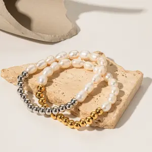 Venta al por mayor nuevo diseño 6mm buena pulsera de cuentas de acero inoxidable perla ovalada de agua dulce para las mujeres