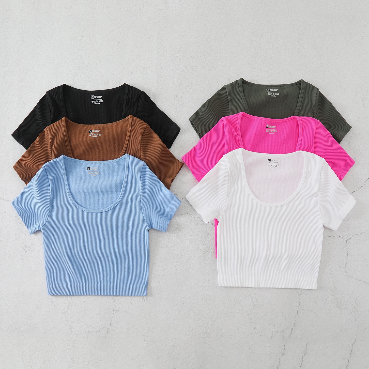 Summer Nylon Sports Top Cross-Border Popular Low Neck Short-Sleeved Yoga Top High-Elastic Quick-Drying Anti-Pilling Nude Knitted