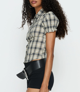 Blusa Corta a Cuadros Vintage para <span class=keywords><strong>Mujer</strong></span>, Estilo Y2K, Manga Corta Abullonada, Cuello Camisero con Botones y Detalle Fruncido en la Parte Delantera, para un Estilo Casual y Preppy - Product Image 2