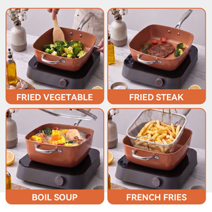 Juego de 4 utensilios de cocina multifuncionales de aluminio antiadherente con mango de acero inoxidable, que incluye olla cuadrada profunda para freír, sartén <span class=keywords><strong>y</strong></span> cesta para freír/vaporera - Product Image 6