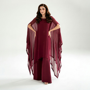 Traje pakistaní color borgoña con chal de malla con cuentas, kurta recta y conjunto palazzo para mujer, ropa formal. - Product Image 1