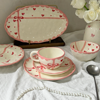 Vaisselle coréenne en céramique rose, motif cœur et nœud, en porcelaine beige, bol et assiette, service de table pour restaurant et maison, cadeaux