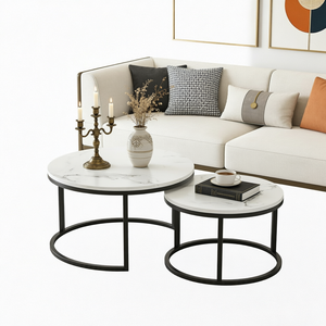 Ensemble de tables basses gigognes modernes faciles à nettoyer, structure métallique, mobilier de salon, design minimaliste, table d'appoint ronde, utilisation hôtelière - Product Image 1