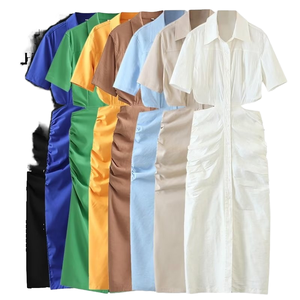 Automne nouvelle robe décontractée pour femmes à manches courtes revers simple boutonnage froissé taille ouverte durable doux automne - Product Image 1