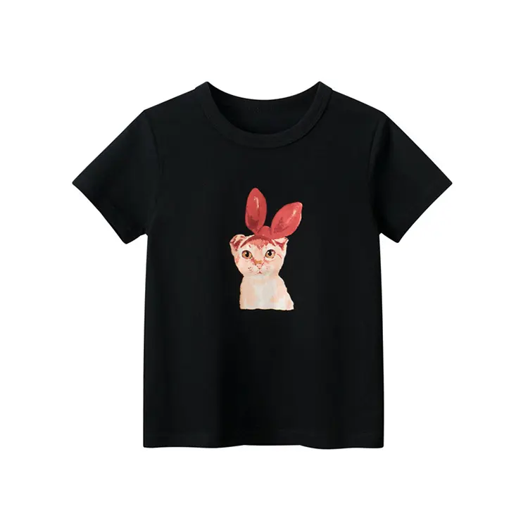 2-7 yıl yeni çocuk pamuk T-Shirt siyah kız karikatür üst tavşan baskı çocuk gömlek üst satıcı 2023 yaz bebek giysileri