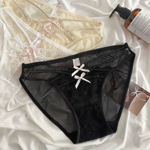 Braguitas de bikini de encaje para mujer, de talle bajo, con tiras cruzadas y lazo decorativo, de malla transparente, sexys, transpirables, ropa interior íntima al por mayor - Product Image 2