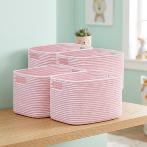 Pink Rectangle Cotton Rope Storage <b>Baskets</b> With Handles For Multi-Purpose Neatening - Product Image 2