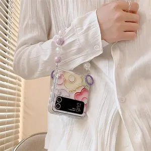 Flower Flip Hinge Protective Cover Z Flip 4 Folding Screen Mobile Phone Case For Samsung Galaxy Z Flip 3 4 Case With Bracelet