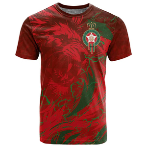 T-shirt de l'équipe nationale de football du Maroc avec impression 3D du rugissement du lion, emblème de la FAF avec des flammes tribales rouges et vertes, manches courtes pour hommes, vêtements de sport - Product Image 1