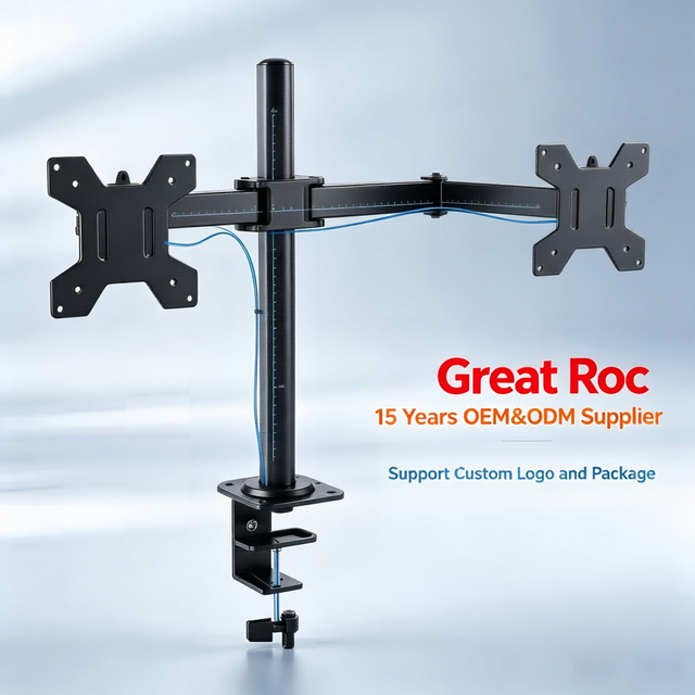 Dual Monitor Arm Vertical Cross Bar Cable Management Tilt Swivel Rotate Carbon Steel VESA Monitor Stand for 13-32 Inch Screens
