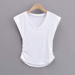 Camiseta de manga mariposa con volantes laterales y cuello en V para mujer, Top elástico de Color sólido, 2022 - Product Image 6
