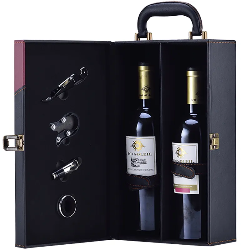 custom purple black leather sublimation blank 2 bottle wine bottle gift packing box with accessories