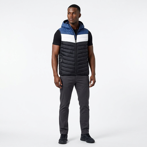 Hooded Men's Winter <b>Puffer</b> Vest Blue <b>White</b> Color Blocking Windproof Zipper Closure Casual Outdoor <b>Jacket</b> Thick Polyester Front - Product Image 1