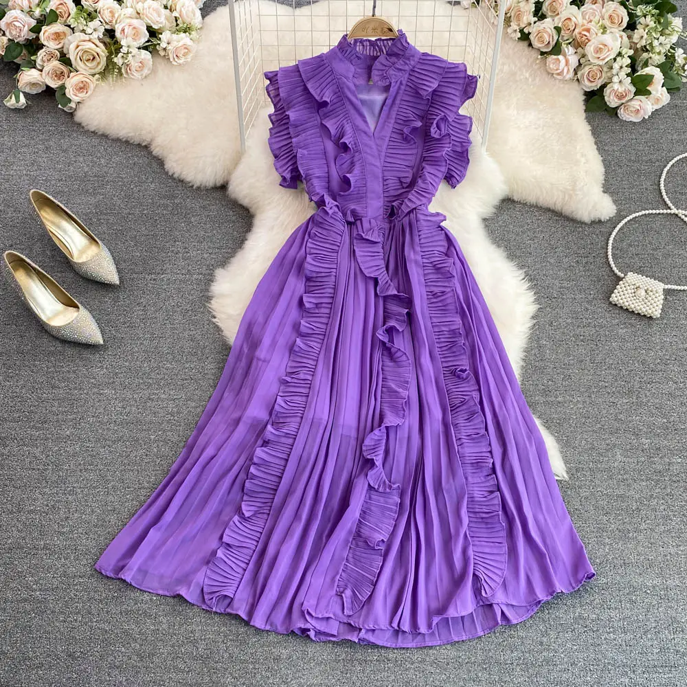 Boutique Wholesale 2023 Summer Premium Light Luxury V-neck Ruffles Waist Slim A-line Pleated Elegant Swing Dress