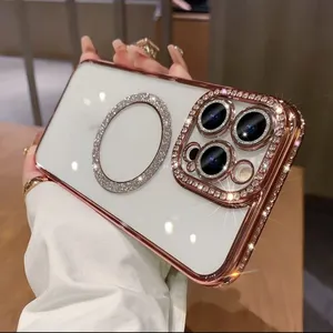 Glitter bling caixa do telefone de luxo para iPhone 15 14 13 12 11 Pro max com diamantes tampa do telefone celular carga magnética sem fio