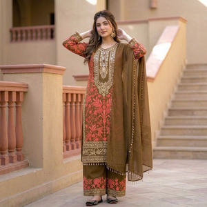 Ensemble Salwar Traditionnel pour Femme en Georgette Lourde Ornée de Diamants, Broderie Florale, Séchage Rapide, Marron Rouge, Tenue Décontractée, Inde - Product Image 1
