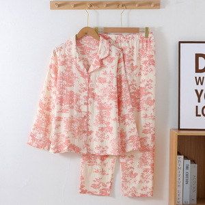 <span class=keywords><strong>Pigiama</strong></span> da Donna Personalizzato in Puro Cotone a Maniche Lunghe, Set Due Pezzi in Garza Doppia per Primavera Estate Autunno - Product Image 2