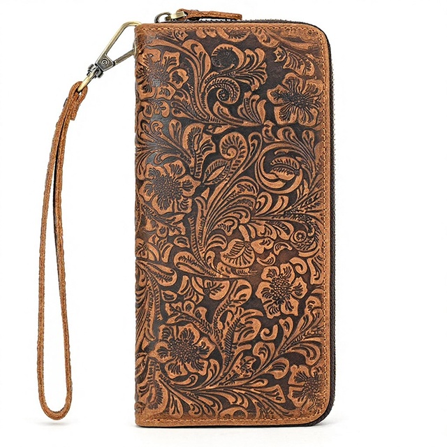 Men'S Crazy Horse Leather Wallet Vintage Embossed Fashion Long Wallet Genuine Leather Zipper Clutch Multi-Card Slot Phone Money