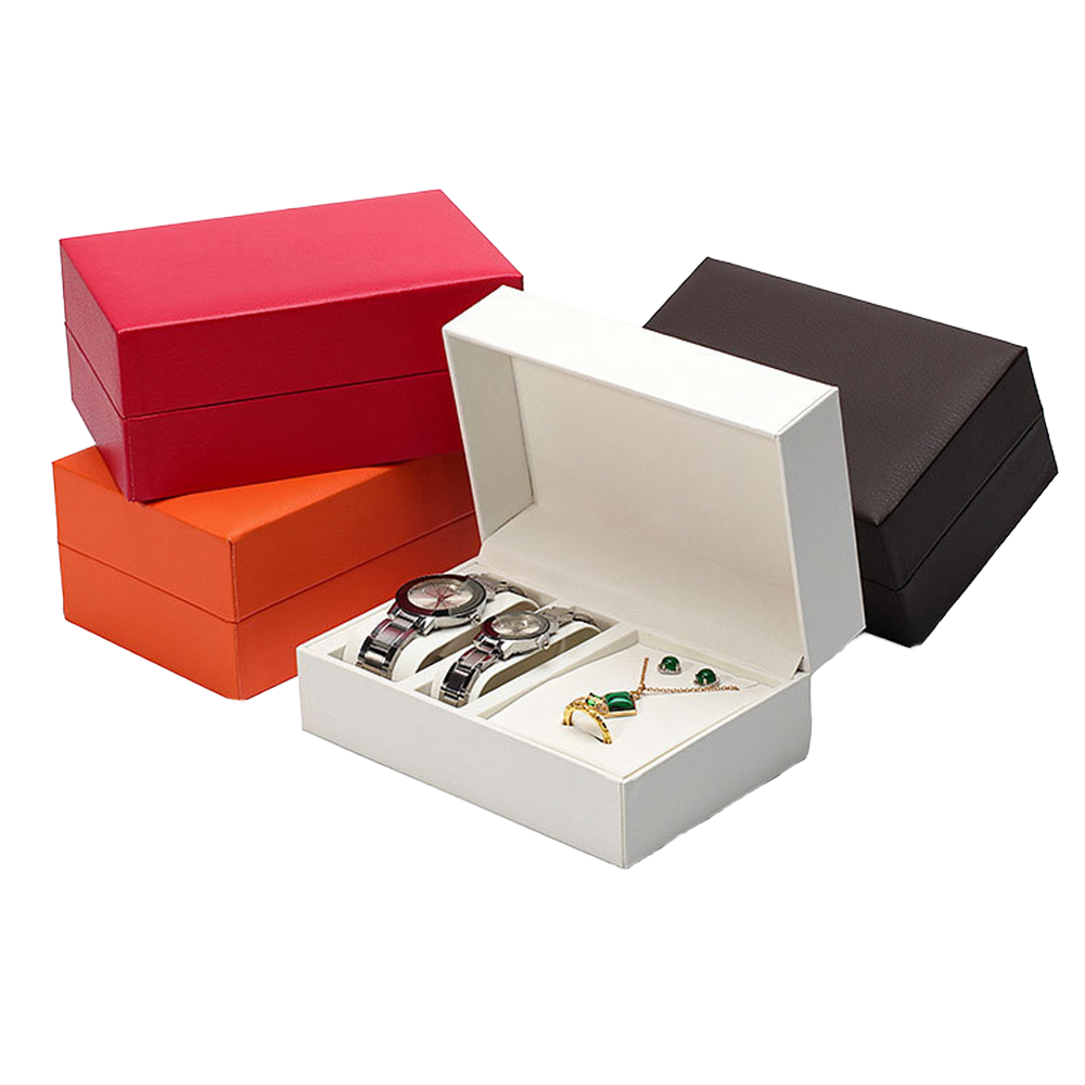 Minimalist Straight-edge Right-angle Leather Double-slot Watch, Ring Necklace Earrings Jewelry Set Three-piece watch Box