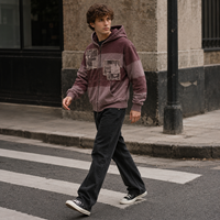 Vente en gros de sweats à capuche zippés pour hommes, style streetwear vintage, en molleton de coton épais, délavé à l'acide, patchwork, effet usé et ourlet brut