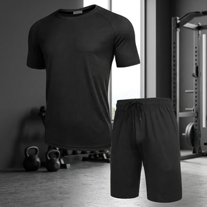 Conjunto de 2 piezas de secado rápido para hombre, camiseta de manga corta con cuello redondo, pantalones cortos con cordón, traje deportivo de verano, color negro - Product Image 3