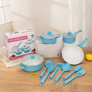 Conjunto de panelas antiaderente Wok metal para fritar e panela de sopa, conjunto de panelas domésticas com tampa de vidro, 13 unidades, barato por atacado