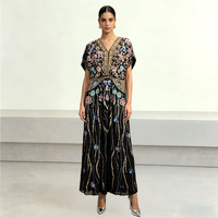 Robe kaftan noire de luxe, brodée à la main de fleurs colorées, col en V, manches chauve-souris, robe de soirée pour mariage, fête du Ramadan