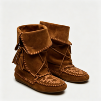 Chaussures Kingdi, bottes en daim à bout rond, grande taille, à revers, mi-mollet, à pompon, talon plat, style bohème, bottes décontractées pour femme