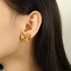Bowknot <b>Stud</b> Earrings 18K Gold Plated <b>Titanium</b> Steel Fashionable Light Luxury High End Earrings - Product Image 4