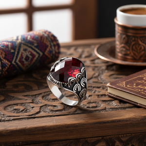 Ottoman Tugra Design Oval Cut Garnet Gemstone Ottoman Design <b>Men</b> <b>Rings</b> Authentic Turkish Wholesale Handmade 925 Sterling <b>Silver</b> - Product Image 3