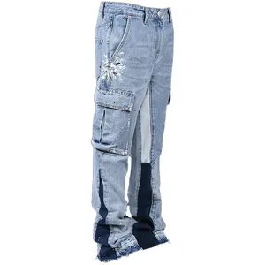 Atacado personalizado direto folgado flare jeans homens Pintura respingo hip hop street wear jeans patch moda denim calças cargo homens