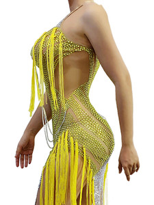 Vestido <span class=keywords><strong>de</strong></span> Fiesta Novance Y2017 para Mujer, Amarillo, con Flecos, Pedrería, Estilo Latino, Transparente, para <span class=keywords><strong>Baile</strong></span> <span class=keywords><strong>de</strong></span> Cumpleaños - Product Image 5