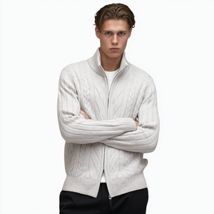 Winter-Creme-Cardigan mit Zopfmuster und Reißverschluss für Herren, O-Ausschnitt Wollpullover, Klassische Warme Strickjacke - Product Image 5