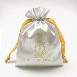 Promotional Custom golden Logo Printed Gift Packaging Satin Bag Luxury cosmetic Collection Drawstring Pouch