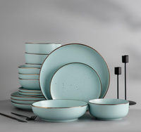 Service de table en porcelaine LOMATO Luxury Classic Turquoise Dot Speckle avec bordure dorée, assiettes plates mates, bols à soupe, respectueux de l'environnement