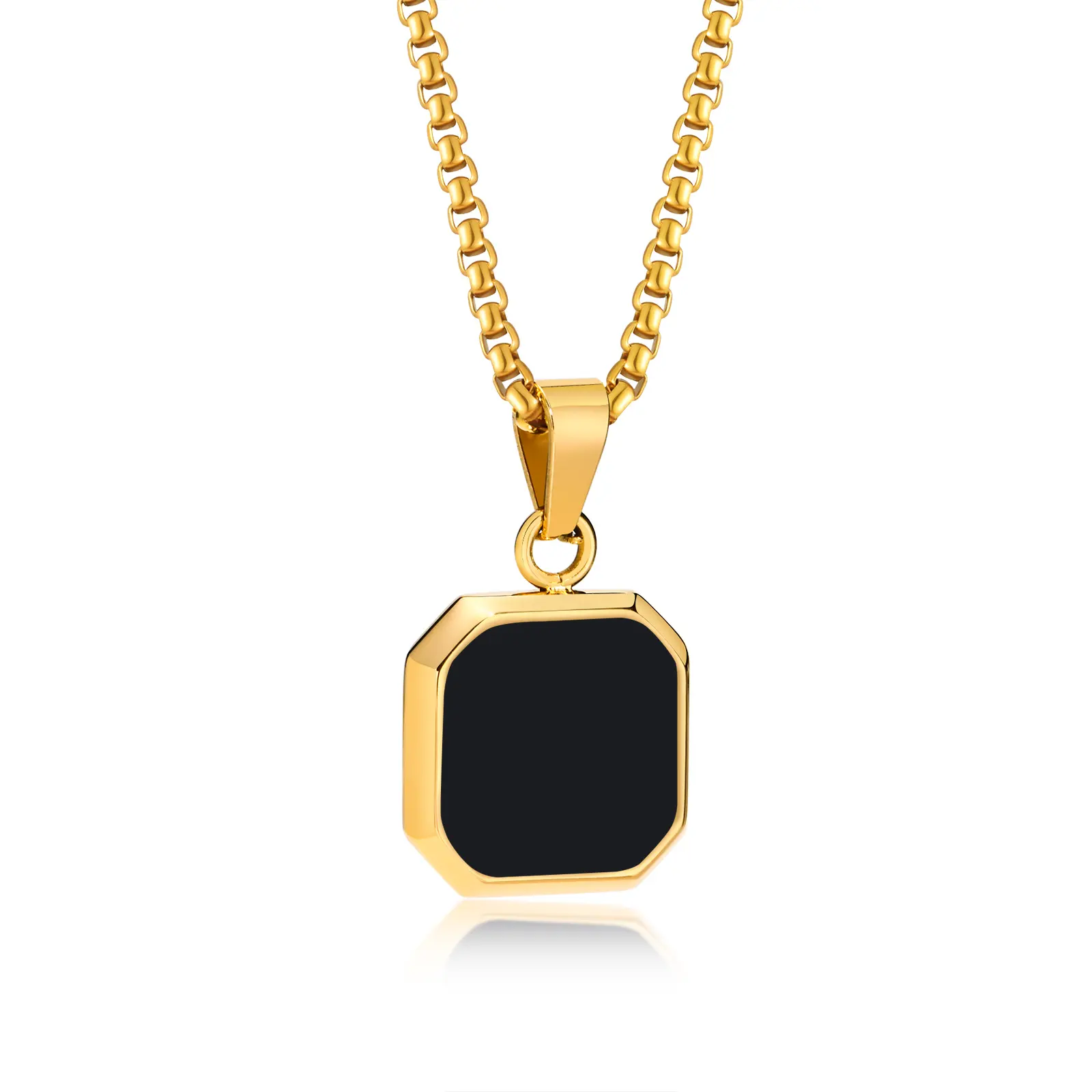 Gold Jewelry Simple Black Men Stainless Steel Bead Chain Necklace Square Geometric Pendant Necklace