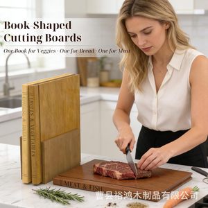 Book-Shaped Solid Wood Cutting Board Set 3Pcs Anti-Slip Kitchen Chopping Block For Meat Vegetables Bread - Product Image 1