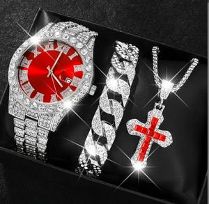 Conjunto de 3 Piezas de Relojes de Cuarzo con Cristales Románticos para Hombre y Mujer, Reloj de Acero Plateado, Collar con Cruz, Pulsera, Juego de Regalo - Product Image 2