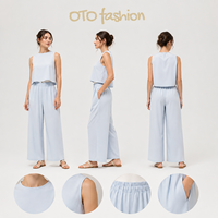 Ensemble pantalon deux pièces en mousseline pour femme, haut court sans manches à col rond et pantalon large à taille élastique, tenue décontractée d'été assortie