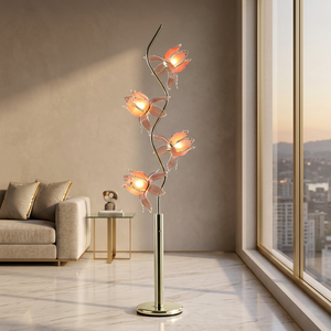 Hotel Decorative Lotus Floor Lamp, Curvy Gold Frame 4 Glowing Pink Acrylic Flower Standing Light, Ambient Lamp - Product Image 2