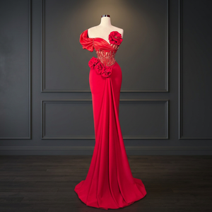 Robe de soirée élégante en satin et dentelle, manches courtes, jupe en tulle fluide, col montant, design vintage, motif cristal - Product Image 3