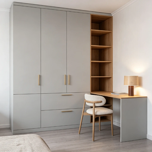 <span class=keywords><strong>Armadio</strong></span> su Misura Grigio e Legno <span class=keywords><strong>con</strong></span> Scrivania Integrata e Mensole Aperte per Progetti di Appartamenti e Hotel - Product Image 1