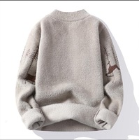 Winter Herren Rundhals-Pullover mit Hirschmotiv Klassischer Modischer Dicker Kunstfell-Fleece Loser Warmer Basis-Pullover