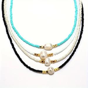 <b>Boho</b> Seed Bead <b>Necklace</b> Natural Freshwater Pearls Stainless Steel Gold square Beaded <b>Necklace</b> - Product Image 1