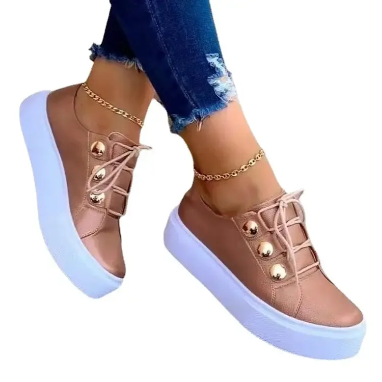 Dynamics Women Fashion Round Toe Platform Shoes Size 43 Casual Shoes Ladies Lace Up Flats Women Loafers Rose Gold Shoes