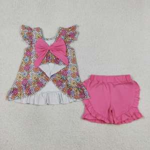 GSSO3353 rts Little Active Girl colorful flowers print Outfits Kids Wholesale Short Sleeve Set Girl Child - Product Image 5