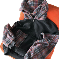 TKAN341 Sweats à capuche personnalisés en patchwork à carreaux pour hommes, en flanelle délavée, noir, coupe ample, lourd, vintage, veste à capuche
