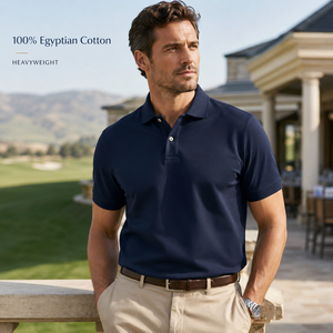Chemise polo pour homme en coton égyptien 100% - Poids lourd - Bleu marine - Chemise polo de qualité supérieure - Douce et résistante - Vêtement décontracté pour le golf - Product Image 1