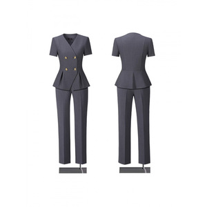 Grey Women's Summer Short Sleeve V Neck Blazer Skirt Set Elegant Professional Commute Suit Two Piece - Product Image 5